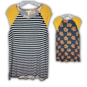 Matilda Jane Team Captain Tee Top Size L Womens Navy Stripe Floral High Babydoll